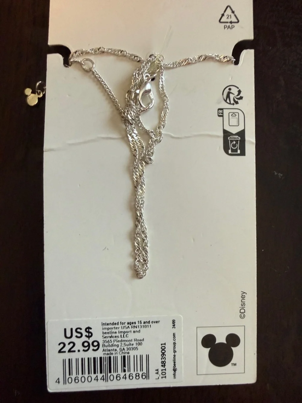 Disney Silver Crystal Mickey Head Necklace Costume Jewelry OS